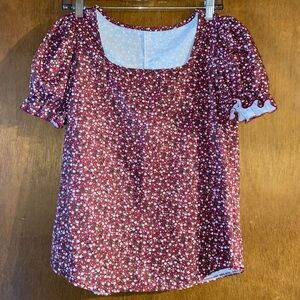 SHEIN Burgundy Floral Puff Sleeve Blouse